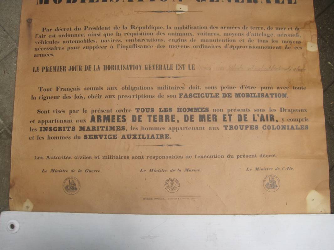 Ordre de mobilisation générale 2 septembre 1939 Ventes d'antiquités